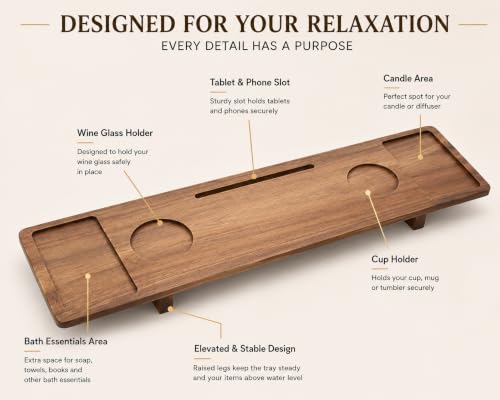 Luxury Wooden Bathub Caddy Tray - Premium Natural Acacia Bath Organizer with Wine Glass Holder, Tablet Slot and Phone Mount - Expandable Spa Board to Fit Most Tubs by Generic - Used condition - Image 3