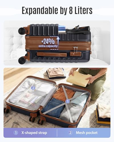 Image of LIGHT FLIGHT Expandable Carry On Luggage 22x14x9 Airline Approved with Double Spinner Wheels, 20 Inch Lightweight Hard Shell Rolling Suitcases with TSA Lock, Black Brown