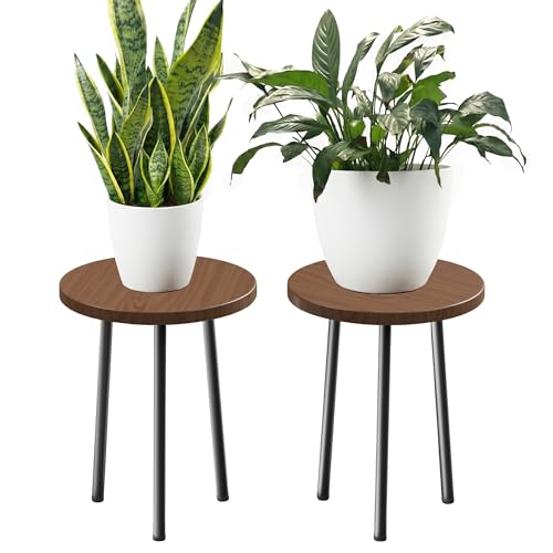 SAKSUN Plant Stand Indoor 2 Pack: Plant Table 14'' Wood & Metel Plant Stool