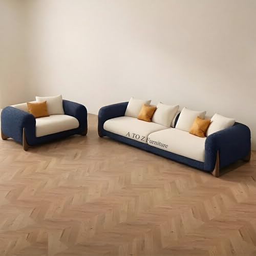 Image of A to Z Furniture Classic Chesterfield Sofa Set Luxury Chesterfield Sofa in for Home Living Room & Office (3+1=4 Seater Sofa with Ottoman Blue & Beige)