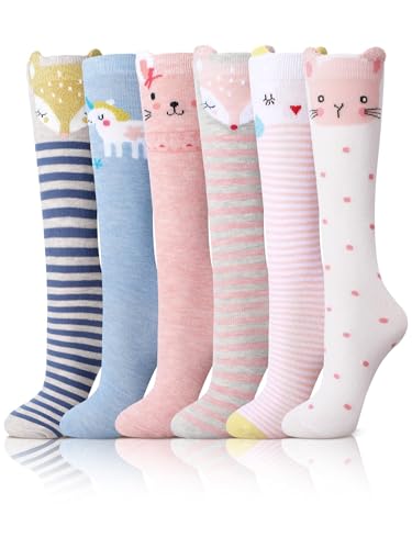 6 Pairs Kids Girls Knee High Socks Gift Long Crazy Silly Tall Funny Boot Cute Animal Child Warm Cotton Socks