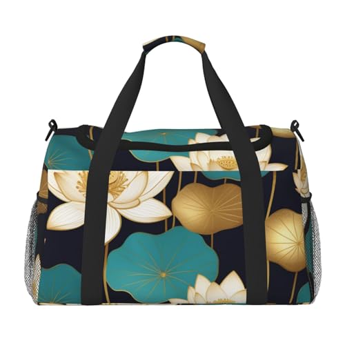 Boho Gold Lotusflowers Print Travel Duffle Bag - Foldable Personal Item Travel Bag for Women & Men,Carry-On Convertible Crossbody Tote Bags with Adjustable Shoulder Strap & Pockets 13x10.2x19.7 in
