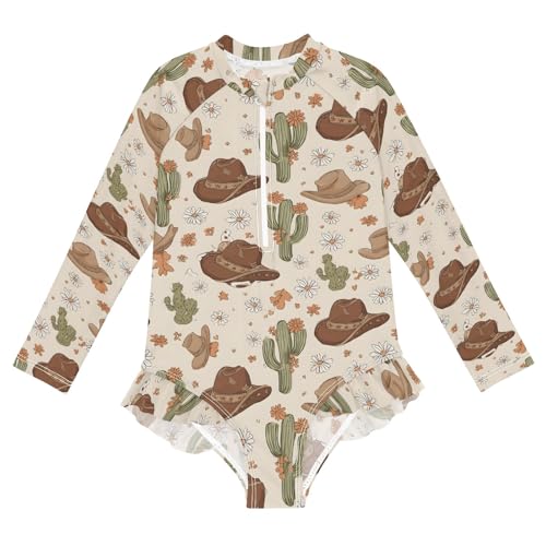Cactus Cowboy Hat Pattern Girls Long Sleeve Swimsuit Rash Guard One Piece Bathing Suits Zipper 3-12T