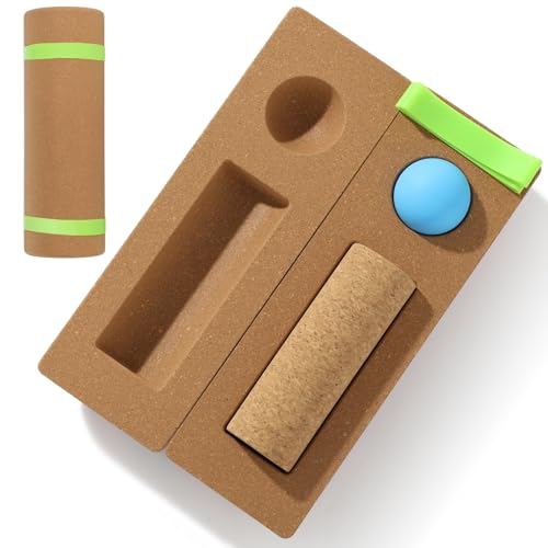 Juego de entrenamiento de estabilidad de corcho con excelente tabla de equilibrio de corcho, rodillo de masaje, bola y banda de silicona, kit de fortalecimiento de equilibrio de pies portátil para