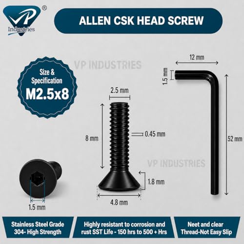 Image of By inchVP INDUSTRIES inch (Pcs-25) M2.5x10 mm Allen CSK Head Screw Black Zinc Plated High Tensile | Countersunk Screw for Modular Furniture, Wooden Work, Electrical Fittings, DIY & Industrial Use