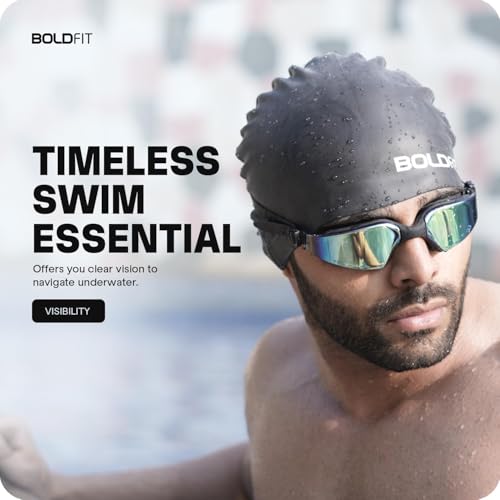 Image of Boldfit Swimming Cap Goggles with Ear & Nose Plug Set for Men Swimming Cap & Goggles for Women Combo with Anti Fog Adjustable Strap for Training Set Black