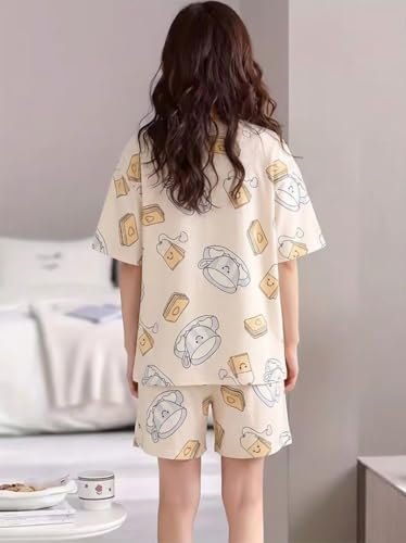 Image of Korean Night Dress |Shorts Set |Round Neck Half Sleeve Nightsuit |Premium Cotton Blend Stylish Digital Printed Pajama Co-ords |Matching 2 Piece Sleepwear Nightwear Cute Pjs |Casual Lounge Sets