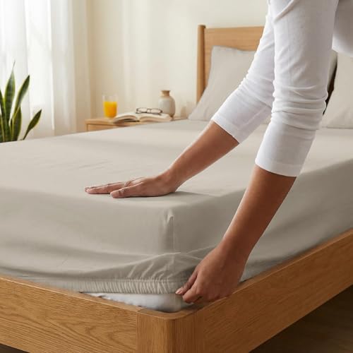 Image of Blue Dahlia 100% Cotton, King Size /Double, Elastic Fitted Bedsheet (72 inchx78 inch) + 2 Pillow Covers, Percale Weave, Fits Upto 10 inch Mattress, 200TC Solid Premium Bedsheet, Colour: Beige