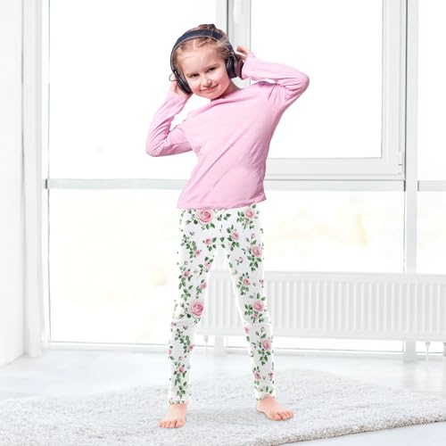 Pink Roses Girls' Leggings Toddler Doodles Green Leaves Kids Yoga Pants Dance Active Tights 4T4