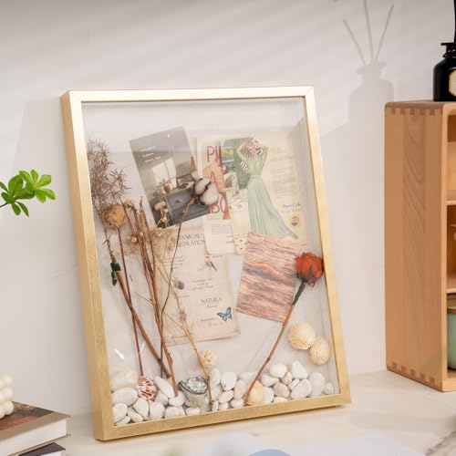 Image of Muzilife 16x20 Large Shadow Box Wood Picture Frame, Tempered Glass, Gold | FSC-Certified MDF | Soft Acid-free Linen Board | Removable Inner Frame | Wall-Mount Display Cases | For Photos and Keepsakes