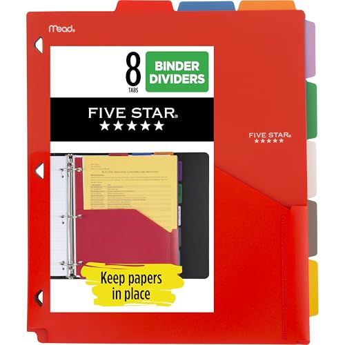Five Star 8-Tab Binder Pocket Dividers, Plastic Tabbed Divider with Pocket, 9-3/4" x 11", 3-Hole Punched, 8 Count, Assorted Colors (201590)