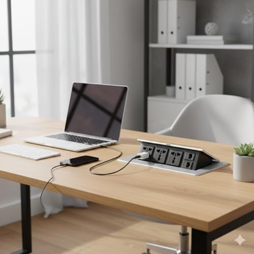Image of COOLCOLD Hydraulic Cable Cubby Pop Up, Cable Manager Box with 3 Power Outlets & 2 RJ45 LAN Ports | Flip-Top Hidden Desk Module for Office, Home & Conference Table | Space-Saving Flush Mount Design