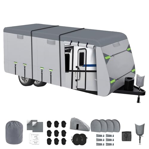 Upgrade 8-Layer Heavy Duty Travel Trailer RV Cover 30-33FT Fits RVs with Roof Top A/C | All-Weather RV Cover for Snow & Wind Protection Camper Cover Reinforced Windproof Tearproof