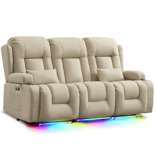Image of URRED Power Loveseat Recliner Sofa with Massage and Heat, Wall Hugger Reclining Loveseat with Console, RV Couch Home Theater Seating with LED Lights for Living Room (Beige, 76.8 inch - 3 Seats)