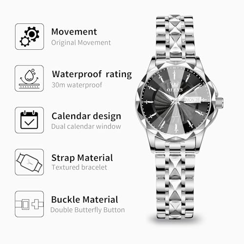 OLEVS Women’s Minimalist Black Face Watch, Silver Stainless Steel Luxury Ladies Waterproof Watch, Unique 3D Diamond Cut Mirror, Reliable Quartz Movement Wristwatch with Dual Calendar for Ladies by OLEVS - Used condition - Image 2