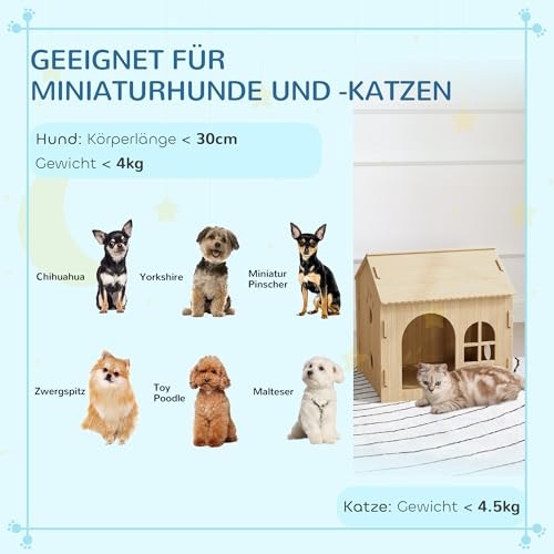 PawHut Hundehütte mit Fenster, Katzenhaus mit niedliches Pfoten-Design, Montage ohne Schrauben, für kleine Hunde unter 4 kg, Indoor, 49,5 x 41 x 51 cm, Eiche