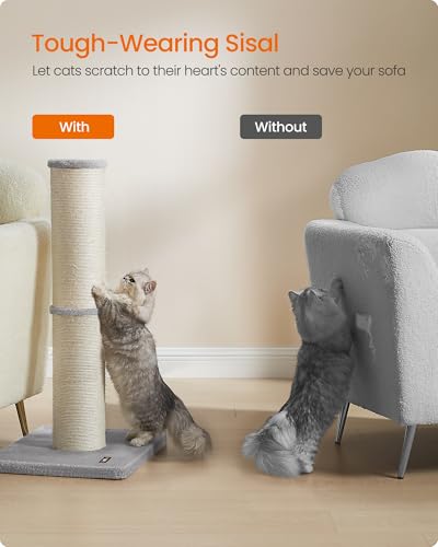 Feandrea Cat Scratching Post, 85 cm Tall, XXL Sisal Scratcher for Maine Coons and Large Cats, 17 cm Thick Sisal Scratching Pole, Spring Pompom with Built-in Bell, Dove Grey PCA042G01 - Image 4