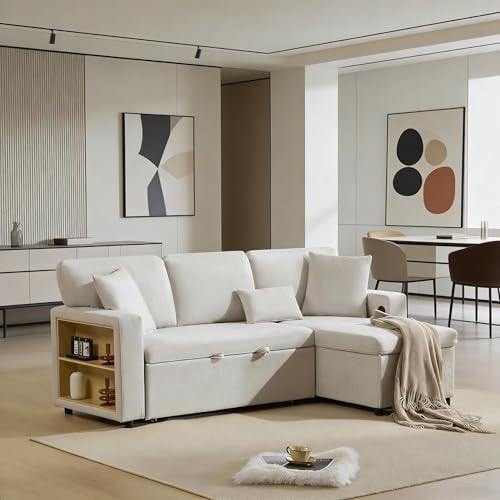 Zepneiy Canapé convertible 3 places en forme de L avec USB et étagère intégrée, meubles rembourrés, convertible avec tiroir de lit, meuble de salon, blanc