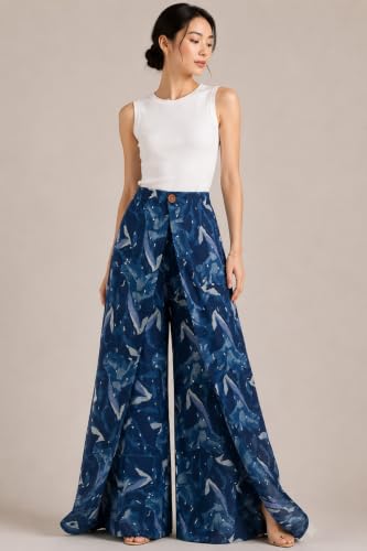 Image of Women Printed Open Rayon Palazzo Pants | Lightweight and Breathable Wide Leg Trousers Comfortable Casual Lounge Wear Flares for Women and Girls