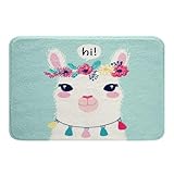 Cute Cartoon Llama Bath Rugs for Bathroom Slip-Resistant Shag Bath Mats Rugs Teal Llama Alpaca Decor Extra Soft Absorbent Bath Rug for Shower Room Living Room Bedroom Machine Washable Rugs 16'x24'