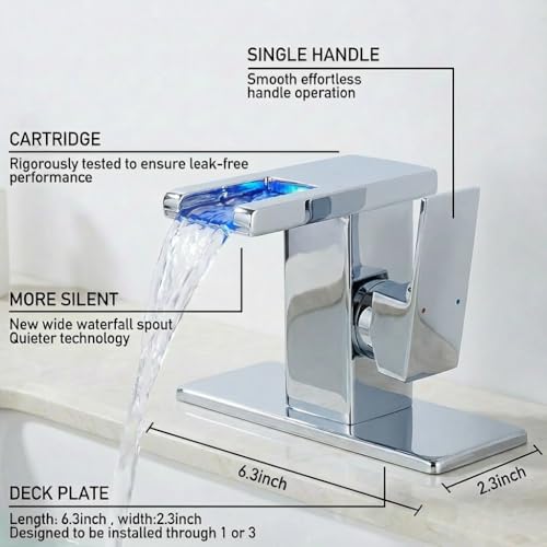 Image of AVSIILE LED Bathroom Sink Faucet, Chrome, Waterfall, Side Handle