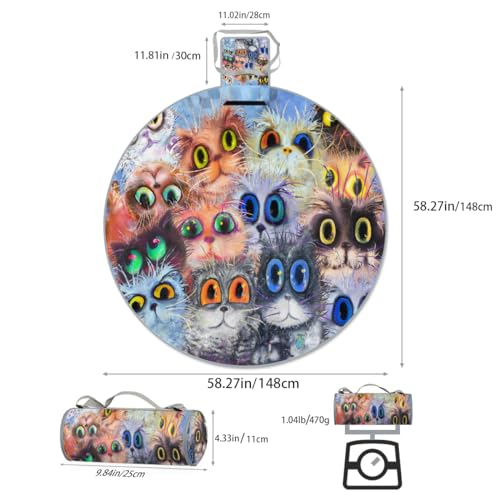 Shimoshe Watercolor Cat Picnic Outdoor Blanket Foldable Waterproof Sandproof Beach Blanket Portable Water-Resistant Round Picnic Mat for Travel Camping Park Lawn