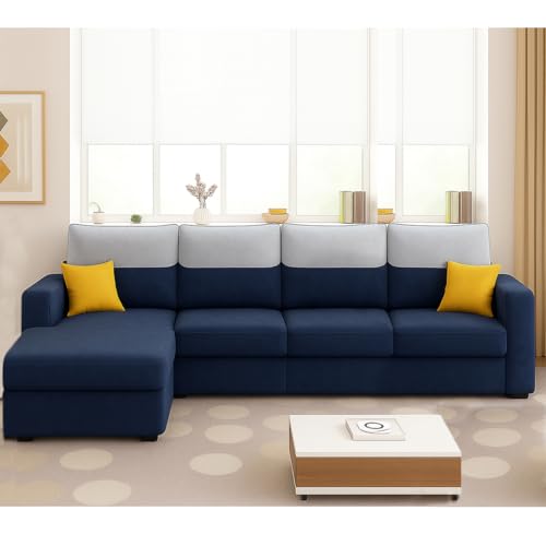 Image of Furny Tokiaa 6 Seater Fabric LHS L Shape Sofa Set (Blue) | Soft Velvet Fabric | Modern Design | Comfortable Seating | Living Room Furniture