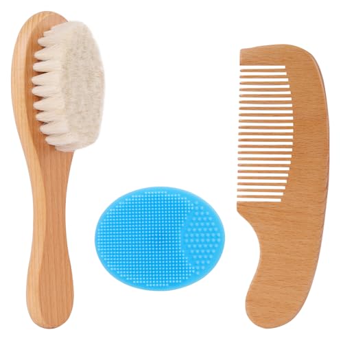 Beugo Cepillo para el cabello del bebé, Juego de 3 cepillos pelo con cepillo de silicona azul para bebé y peine de madera, Cerdas suaves de cabra, para recién nacidos y niños pequeños tapa de cuna