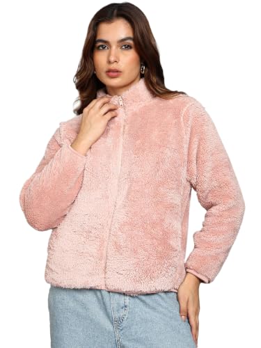 Image of Alan Jones Clothing Women's Fluffy Yarn Fleece Full-Zip Jacket | Soft Lightweight Warm Outerwear with Stand Collar & Piping at Hem & Cuffs