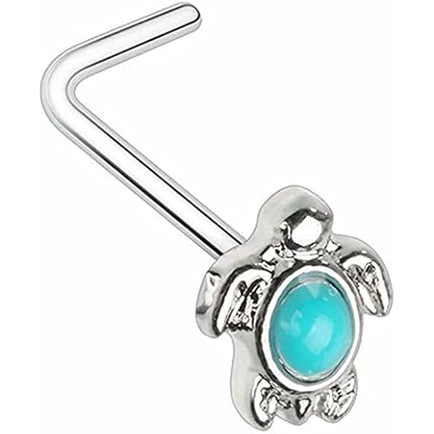 Body Accentz 20 GA Turquoise Sea Turtle L-Shape Nose Ring 316L Surgical Stainless Steel (Silvertone L bend) Cover
