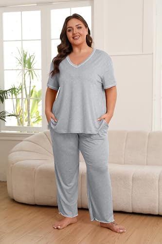 Image of Vozanet Women's Plus Size Pajama Sets Short Sleeve Long Pants Solid Color with Piping Trim Elegant Loungewear Cozy Sleepwear