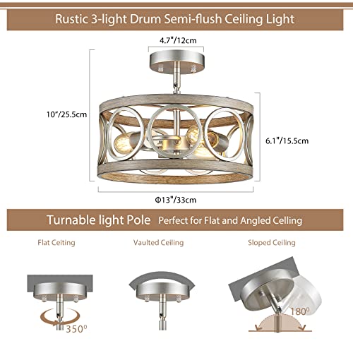 Peskoe Farmhouse Ceiling Light Fixture, 13" Drum Brushed Nickel And Wood Grain Semi Flush Mount Ceiling Light For Kitchen Bedroom Dining Living Room, Round Metal Chandeliers #TOP2