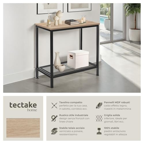 tectake® Tavolino Salotto Versatile 60x30,5x60,5cm, 2 Ripiani di cui 1 con Rete, Mobile Ingresso, Salotto, Soggiorno, Ufficio per Libri, Vinili, Giradischi, Oggetti, Stile Industriale - Legno Chiaro - Immagine 2