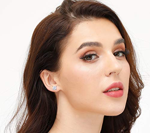 925 Sterling Silver Stud Earrings, 4 Pairs Square Cubic Zirconia Stud Earrings Set for Women Men 3 4 5 6mm3