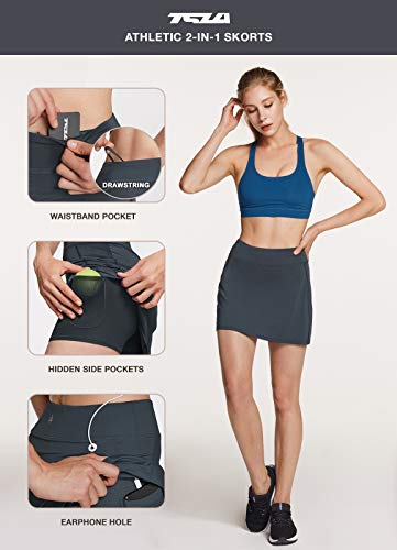 Tsla Women's Athletic Skorts Lightweight Active Tennis Skirts, Workout Running Golf Skirt With Pockets Built-In Shorts, Active Skorts Charcoal, X-Large #TOP6