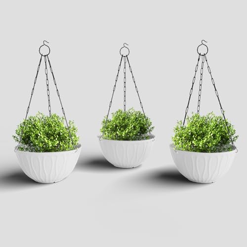 Image of YUCCABE ITALIA SHERA Hanging Wave 8 Inch Plastic Flower Pot for Plant Pack of 3 Pcs Round Shape Hanging Pot for Balcony Railing Planters for Indoor and Outdoor Garden (White)