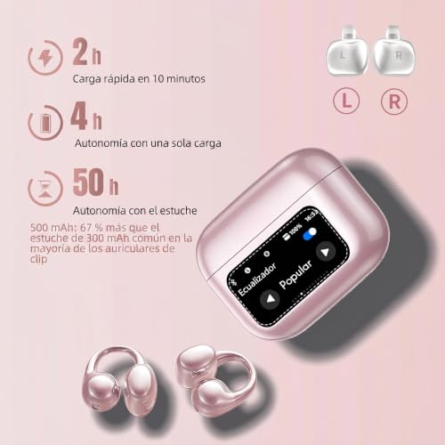 Image of Open Ear buds,Clip On Earbuds Wireless with Touchscreen Case, Lightweight 4g , Bone Conduction Headphones for Running, Workouts , 50H Battery for Glasses wear , small ears,Bluetooth 6.0 , Rose Gold