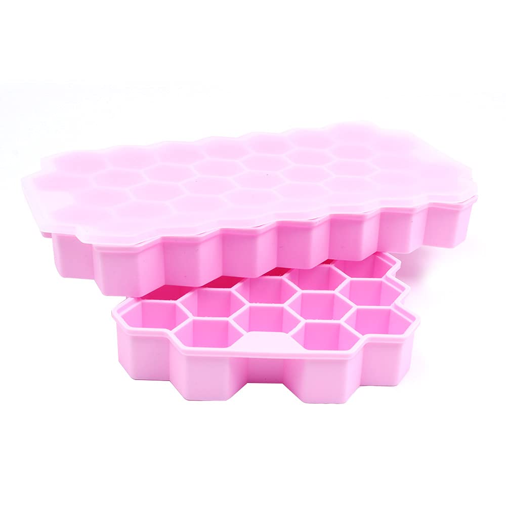 Alnicov Ice Cube Trays,2 pack Upgrade 74 Cavity Ice Cube Molds with Lid,Easy Release Hexagon Ice Cube Tray for Whiskey,Cocktail,Bourbon & Chilled Drinks(Pink)