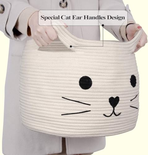 Image of ALBY Woven,Tall Wicker Laundry Basket for Blankets,Clothes,Pillows,Toys,Shoes Large Cotton Laundry Hamper for Bedroom Living Room Bathroom Nursery (15d'' x 12h'' inch, Off-White cat)