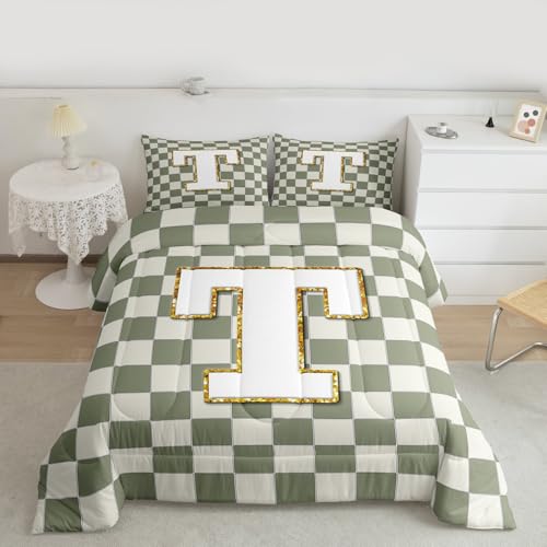 Image of Erosebridal Sage Green Checkered Bedding Set Full Plaid Initial T Comforter Set for Kids Adults Personalized Monogram Down Comforter,Fashion Grids Gingham Quilt Duvet