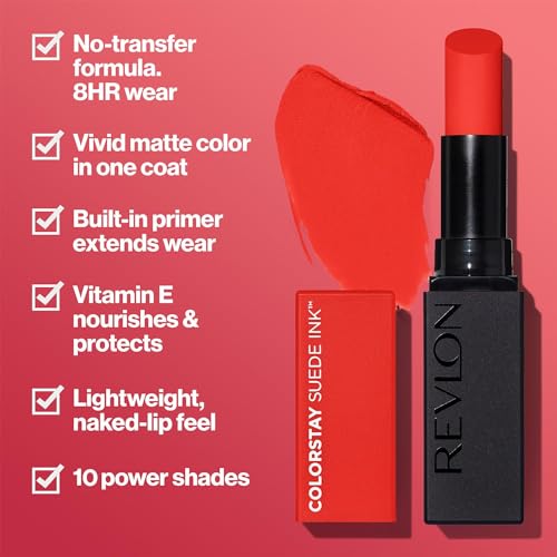 Image of REVLON ColorStay Suede INK Lipstick, Waterproof, Longwear, Transfer proof, Antioxidant-rich Vitamin E, With Vegan Formula made without parabens, Feed The Flame - 007