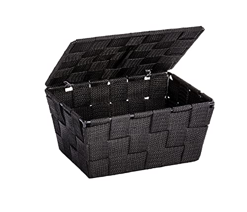 WENKO Panier rangement salle de bain avec couvercle Adria Noir, 19 x 10 x 14 cm