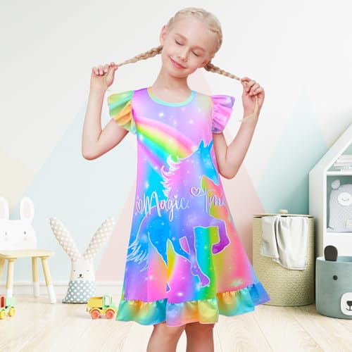 Fiodrimy 2Pcs Girls Nightgowns 3-8 Years Unicorn Sleepwear Night Sleep Dress Pajamas Little Kids Toddler Soft Nightgown3