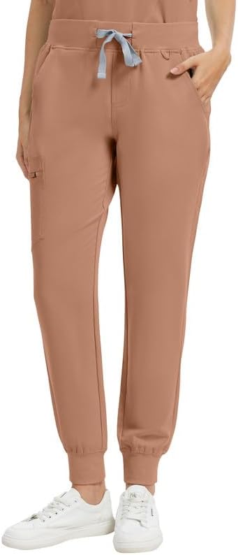 Kitmaz Scrub Pants for Women - Mid Rise 4-Way Stretch Anti-Wrinkle Slim Fit Jogger Pants, Drawstring & 5 Pockets Mocha