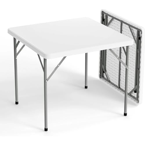 YOEVU - Mesa Plegable de plástico | Capacidad para 2-4 Personas | Resistente y portátil | Uso en Interiores y Exteriores | Fácil de Limpiar y almacenar, Blanco, 86 cm