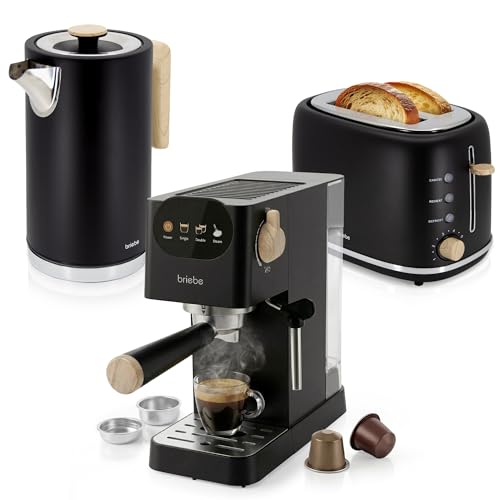 briebe Nordic Ensemble Machine à Café Expresso 20 Bars Capsules et Café Moulu + Bouilloire Électrique 1,7L sans Fil, 2200W + Grille Pain 2 Fentes Larges,...