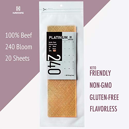 Haodong Beef Platinum Leaf Gelatin Sheets - 240 Bloom (20 Sheets, 40g) - Gelatin Leaves for Baking and Cooking Mirror Glaze Dessert Jellies Mousse Cake
