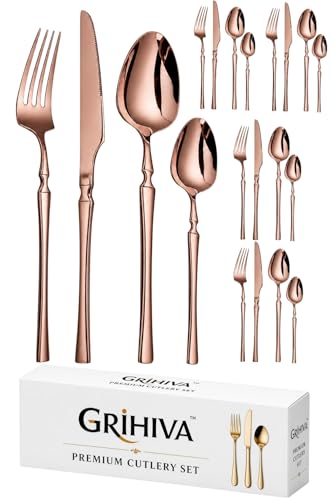 Image of 20 Pcs Rosegold Slim Handle Stainless Steel Cutlery Set for Dining Table with Spoons and Forks Set + Butterknives - The Perfect Tableware /Flatware