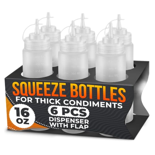 HYQO 6-Pack Condiment Squeeze Bottles, 16 oz, Plastic, Narrow Tip