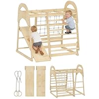 AIYAPLAY Kids Climbing Frame, 6 in 1 Wooden Jungle Gym with Slide, Monkey Bars, Gymnastics Rings, Ladder, Climbing Net, Indoor Climber Playset for 3-6 Years Old